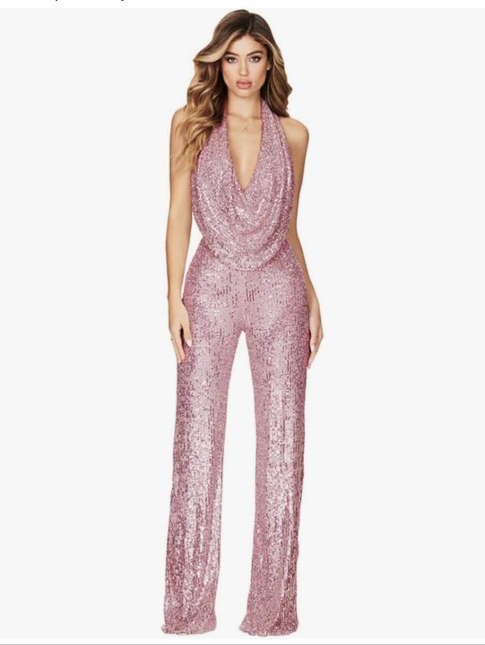 Sequin Halter Cowl Neck Jumpsuit - Pink